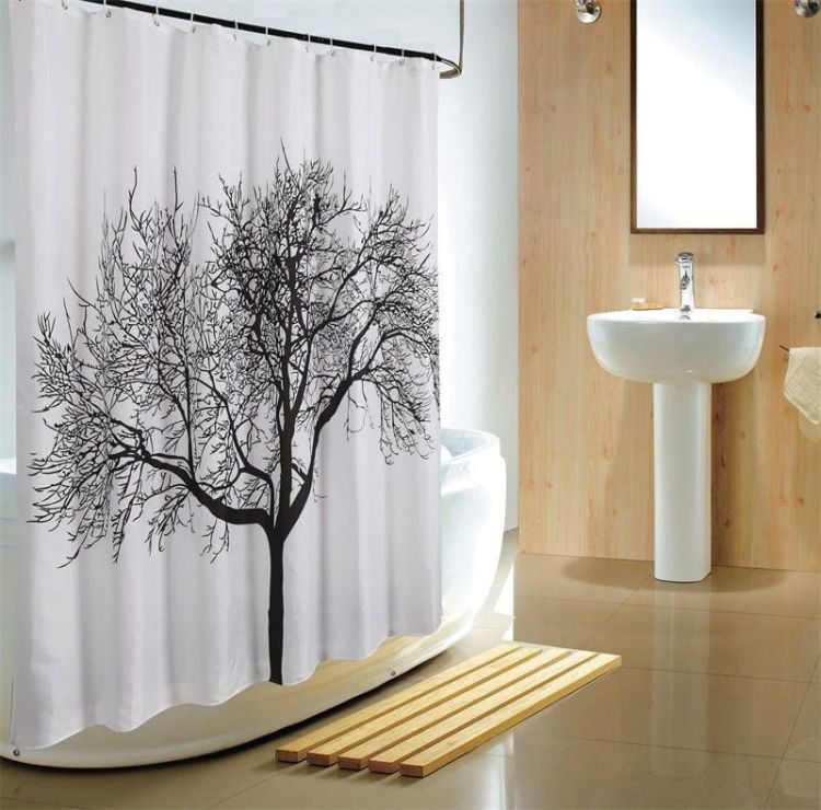 Zasłona prysznicowa 180x200cm, polyester, czarno/biała, drzewo