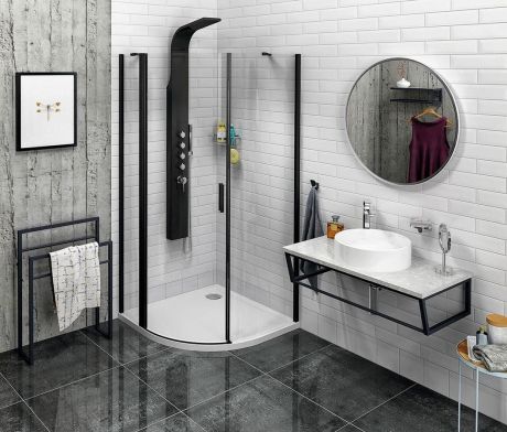 Przejdź do produktu ZOOM BLACK kabina prysznicowa półokrągła 900x900mm, szkło czyste, lewa