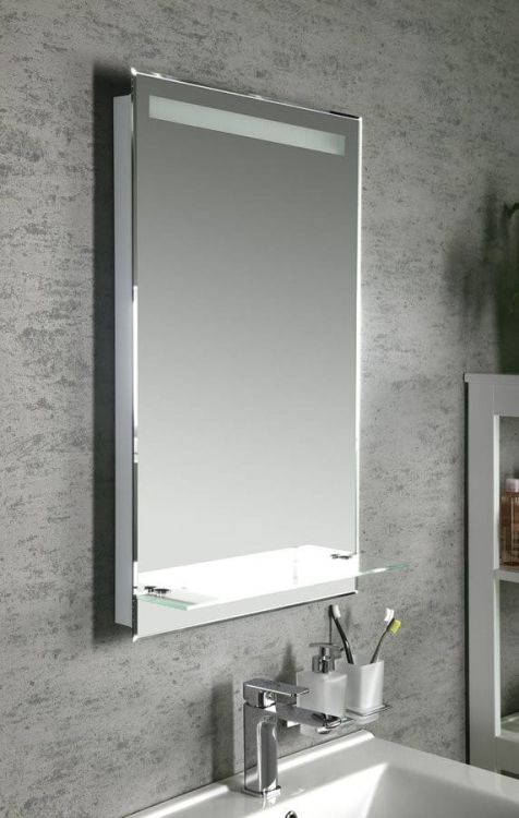lustro z podświetleniem LED 50x80cm, szklana półka, przełącznik przyciskowy