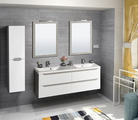 Przejdź do produktu WAVE 150 zestaw łazienkowy, umywalka podwójna, biała/dąb srebrny