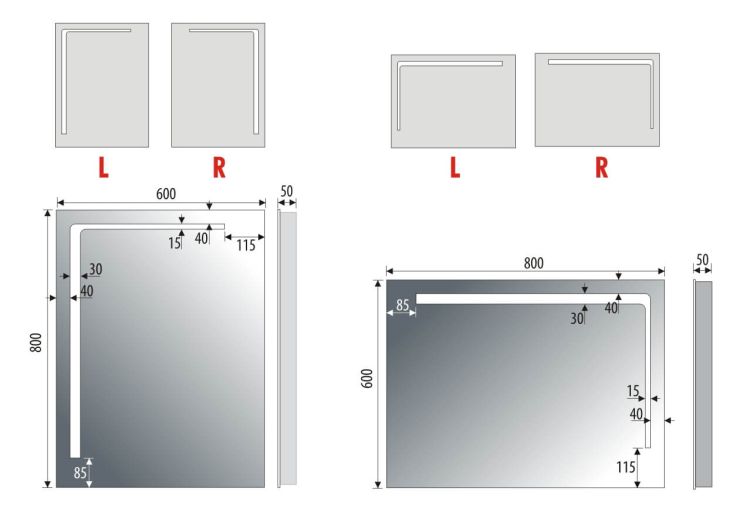 Lustro prostokątne 60x80 cm ze stalową ramą i oświetleniem LED MCJ Vario