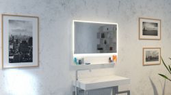 Lustro prostokątne 100x80 cm ze stalową, białą ramą, oświetleniem LED i półką MCJ Zaria