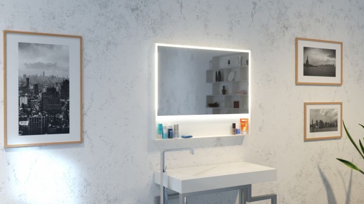Lustro prostokątne 100x80 cm ze stalową, białą ramą, oświetleniem LED i półką MCJ Zaria