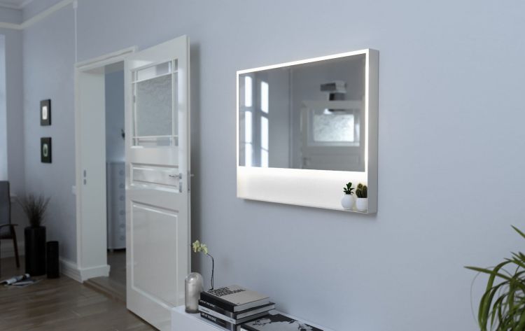 Lustro prostokątne 100x80 cm ze stalową, białą ramą, oświetleniem LED i półką MCJ Zaria