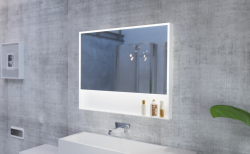 Lustro prostokątne 100x80 cm ze stalową, białą ramą, oświetleniem LED i półką MCJ Zaria