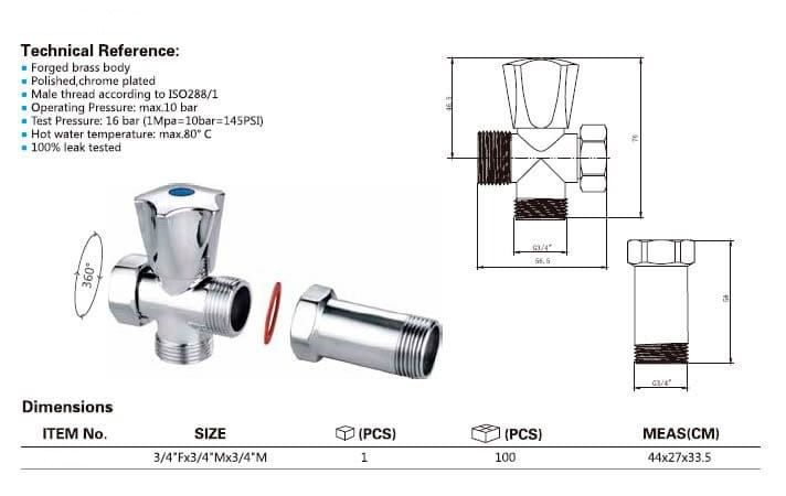 Zawór do pralki, do baterii ściennej 3/4'x3/4' z zaworem zwrotnym, chrom