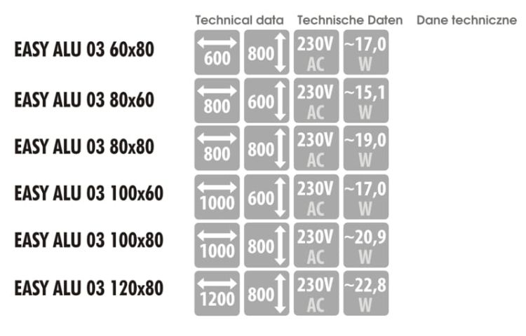 Lustro prostokątne 80x60 cm z aluminiową ramą i oświetleniem LED i półką MCJ Easy Alu 03