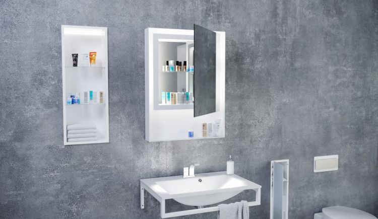 Lustro prostokątne 60x80 cm ze stalową, białą ramą, półką i oświetleniem LED MCJ Zaria 1