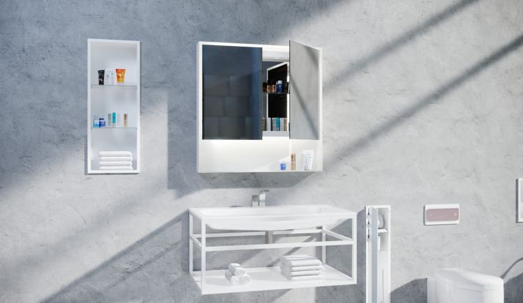 Lustro prostokątne 60x80 cm ze stalową, białą ramą, półką i oświetleniem LED MCJ Zaria 2