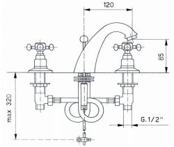 Bateria umywalkowa 3-otworowa bronzo Reitano Atea R302 rysunek techniczny