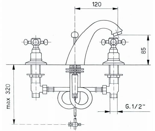 Bateria umywalkowa 3-otworowa bronzo Reitano Atea R302 rysunek techniczny
