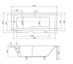 Kabino-wanna 170x70 cm Besco Inspira 170 lewa komplet z parawanem rysunek techniczny.