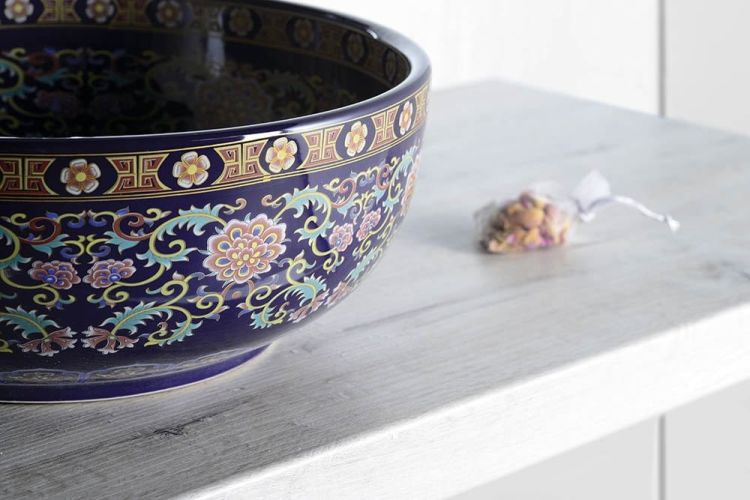 PRIORI umywalka ceramiczna, średnica 40,5cm, 15,5cm, fioletowy z ornamentami