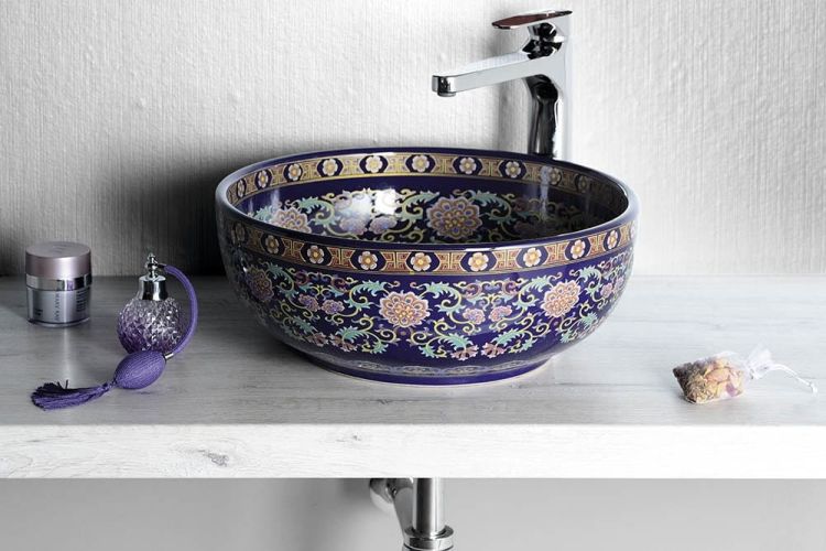 PRIORI umywalka ceramiczna, średnica 40,5cm, 15,5cm, fioletowy z ornamentami