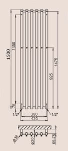 P.M.H. Rosendal R2W/6 Grzejnik łazienkowy biały 42 x 150 cm rysunek techniczny