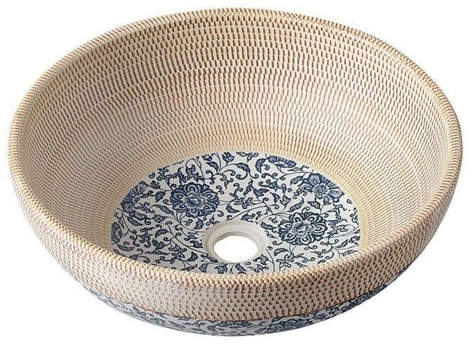 PRIORI umywalka ceramiczna, średnica 42cm, beżowa z niebieskim wzorem