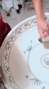 PRIORI umywalka ceramiczna, średnica 42cm, beżowa z niebieskim wzorem