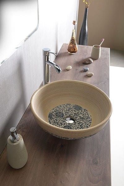PRIORI umywalka ceramiczna, średnica 42cm, beżowa z niebieskim wzorem