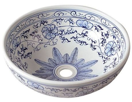 Przejdź do produktu PRIORI umywalka ceramiczna nablatowa Ø 41 cm, biały z niebieskim wzorem