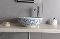 PRIORI umywalka ceramiczna, średnica 42cm, biała z niebieskim wzorem