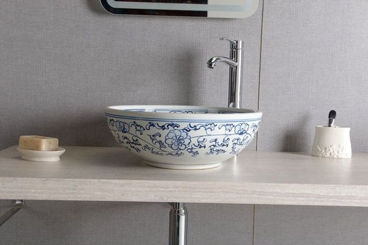 PRIORI umywalka ceramiczna, średnica 42cm, biała z niebieskim wzorem