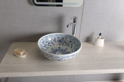 PRIORI umywalka ceramiczna, średnica 42cm, biała z niebieskim wzorem