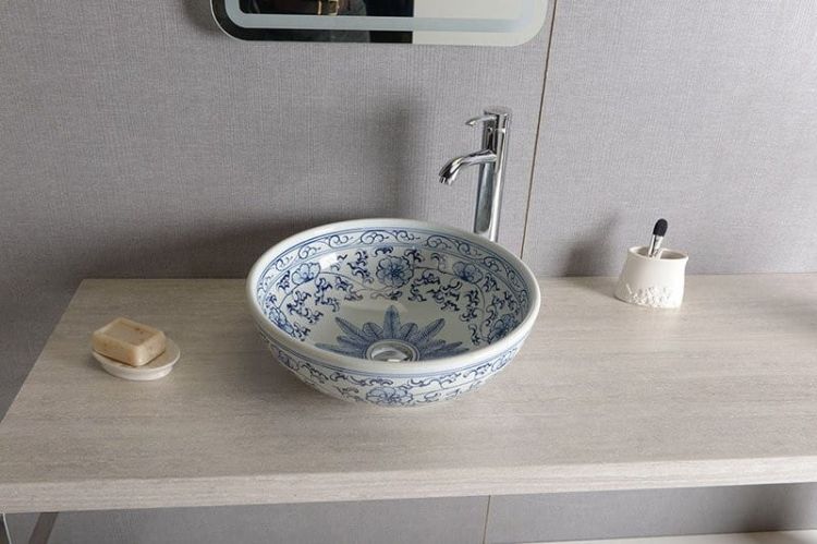 PRIORI umywalka ceramiczna, średnica 42cm, biała z niebieskim wzorem