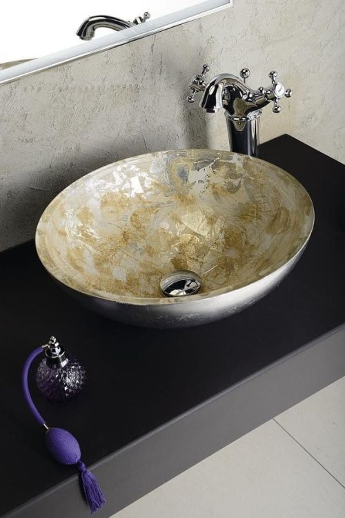 MURANO ANIMA, umywalka szklana okrągła 40x14cm, srebro/złoto