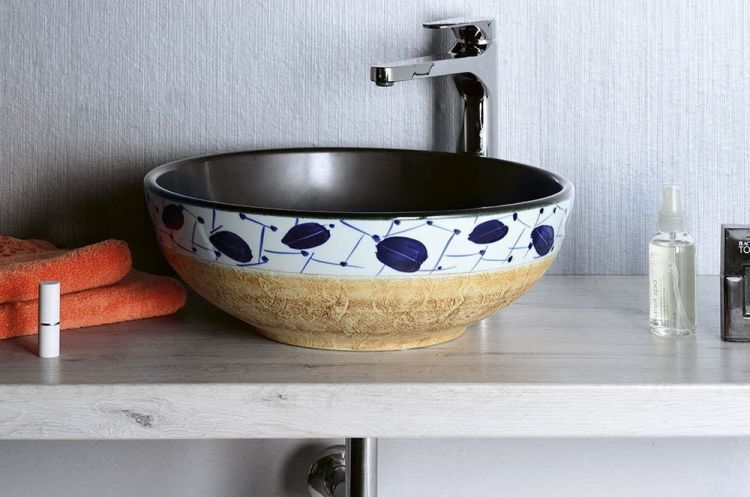 PRIORI umywalka ceramiczna, średnica 42cm,15cm, Czarno-brązowy i niebieski wzór