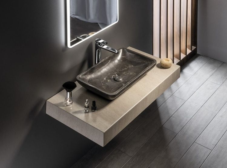 BLOK umywalka kamienna prostokąt 60x11x35 cm, ciemny kamień matowy