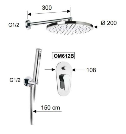 Przejdź do produktu Zestaw prysznicowy z deszczownicą 20 cm, słuchawką prysznicową i baterią podtynkową Daniel Rubinetterie Omega OM615ZCR