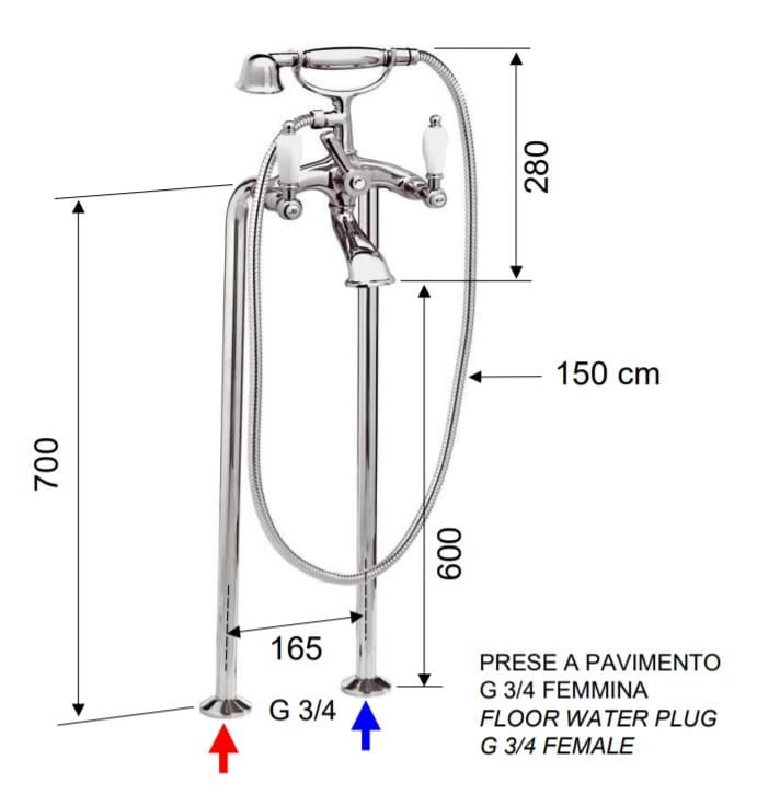 Bateria wannowa Retro podłogowa ze słuchawką prysznicową Daniel RT4102XLCR chrom