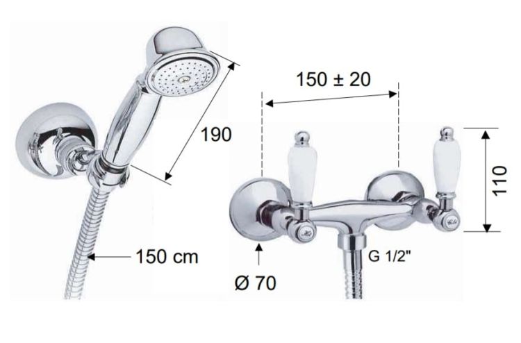 Bateria natryskowa Retro ścienna ze słuchawką prysznicową Daniel RT4433ACR chrom
