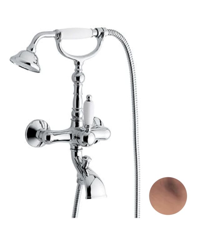 Bateria wannowa Retro ścienna ze słuchawką prysznicową miedziany Emmevi Laguna 40011RA