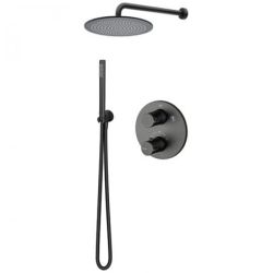 Zestaw natryskowy podtynkowy z okrągłą deszczownicą 20 cm, słuchawką prysznicową i baterią podtynkową 2-drożną termostatyczną Vema Maira MAI20TERMO czarny mat