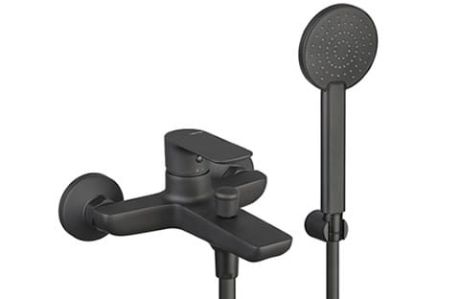 Przejdź do produktu Bateria wannowa ścienna ze słuchawką prysznicową kompletna Vema Slate V14081 czarny mat