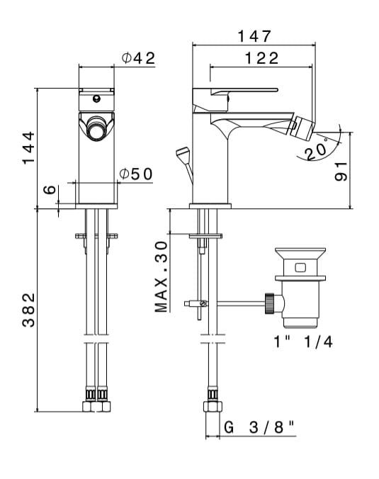 Bateria bidetowa 14 cm z korkiem automatycznym Vema Timea V16070 chrom