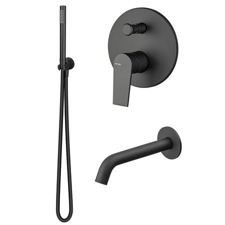 Przejdź do produktu Zestaw natryskowy podtynkowy z wylewką 17 cm, słuchawką prysznicową i baterią podtynkową 2-drożna Vema Timea TIMWYL17 czarny mat