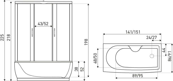 Kabina prostokątna 141x86x225 cm Kerra Mocca 140 z hydromasażem rys. tech.