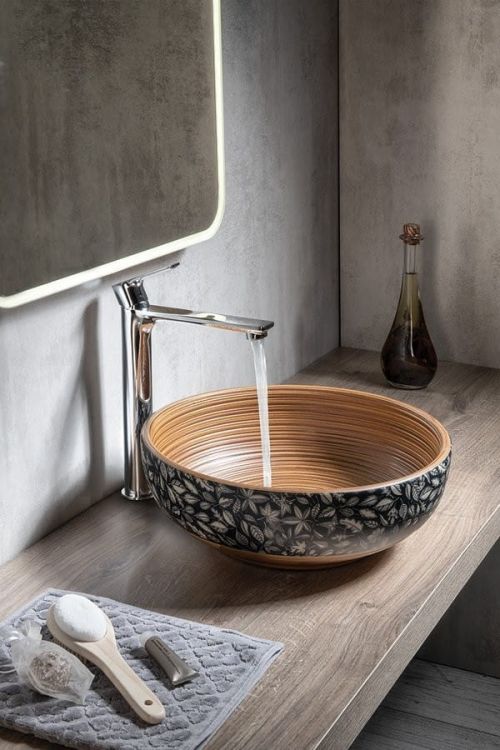 PRIORI umywalka ceramiczna, średnica 41 cm, 15 cm, brązowa z niebieskim wzorem