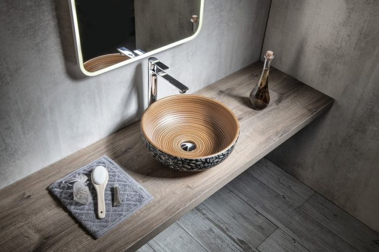 PRIORI umywalka ceramiczna, średnica 41 cm, 15 cm, brązowa z niebieskim wzorem