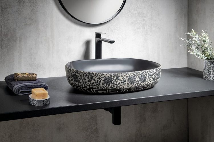 PRIORI umywalka ceramiczna, 60x13,5x40 cm, czarna z niebieskim wzorem