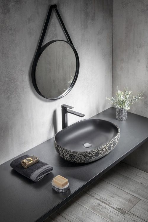 PRIORI umywalka ceramiczna, 60x13,5x40 cm, czarna z niebieskim wzorem