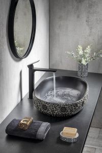 PRIORI umywalka ceramiczna, 60x13,5x40 cm, czarna z niebieskim wzorem