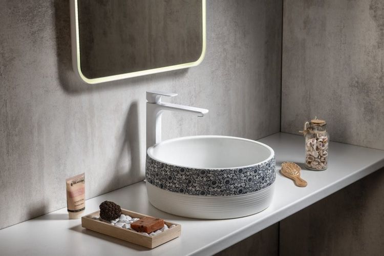 PRIORI umywalka ceramiczna, średnica 41 cm, 15 cm, biała z niebieskim wzorem