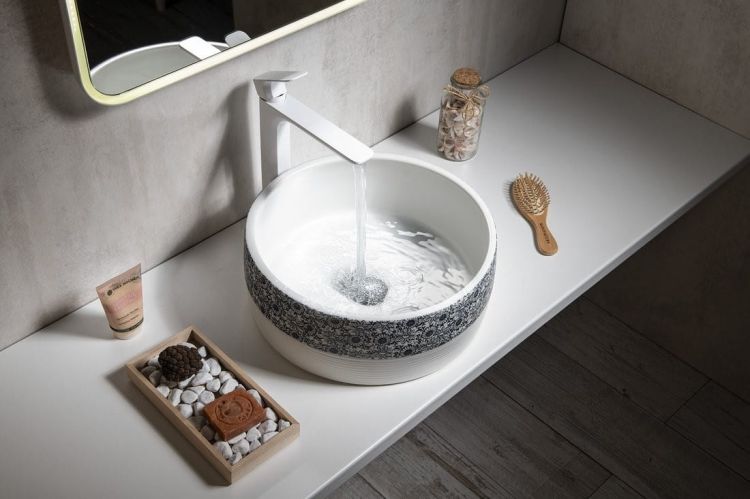 PRIORI umywalka ceramiczna, średnica 41 cm, 15 cm, biała z niebieskim wzorem