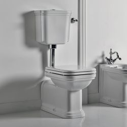 Miska stojąca WC ze zbiornikiem i mechanizmem spłukującym, deską WC wolnoopadającą Retro komplet Kerasan Waldorf 411601+7513+418201+418801 biały połysk