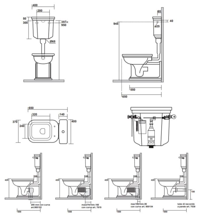 Miska stojąca WC ze zbiornikiem i mechanizmem spłukującym Retro komplet Kerasan Waldorf 411601+7513+418201 biały połysk