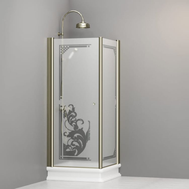 Kabina prysznicowa Retro 80x80 cm z piaskowanym szkłem, ornamentem i złotymi profilami Kerasan 9160P1