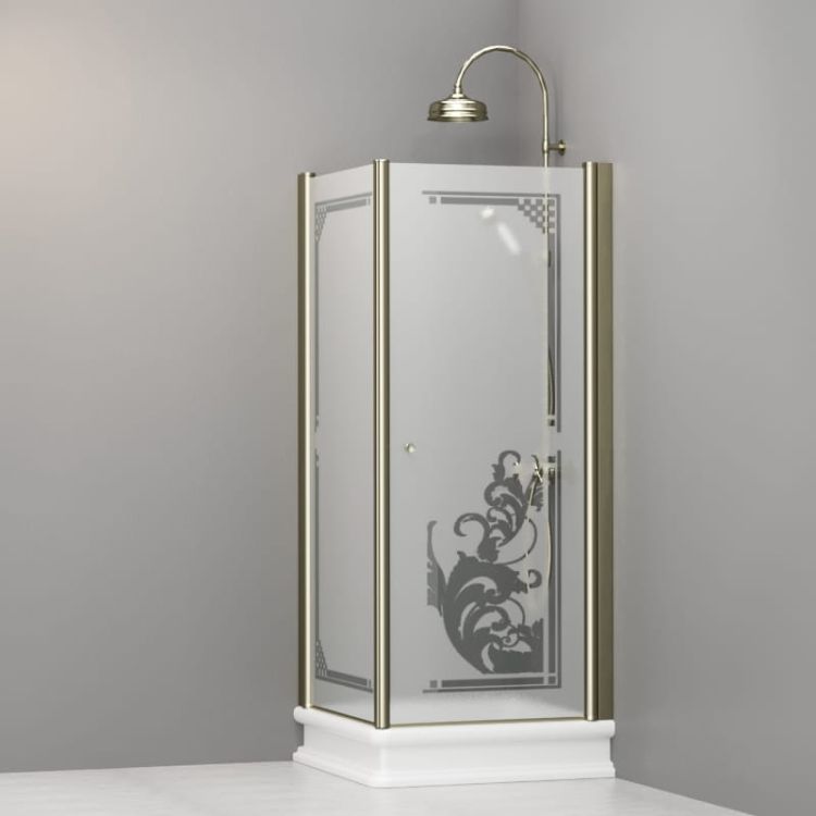Kabina prysznicowa Retro 80x80 cm z piaskowanym szkłem, ornamentem i złotymi profilami Kerasan 9161P1